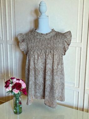 THML Cream and Brown Printed Flutter Sleeve Dress